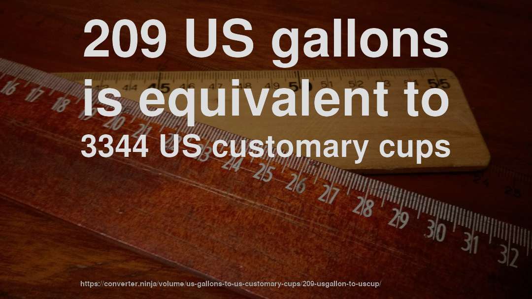209 US gallons is equivalent to 3344 US customary cups