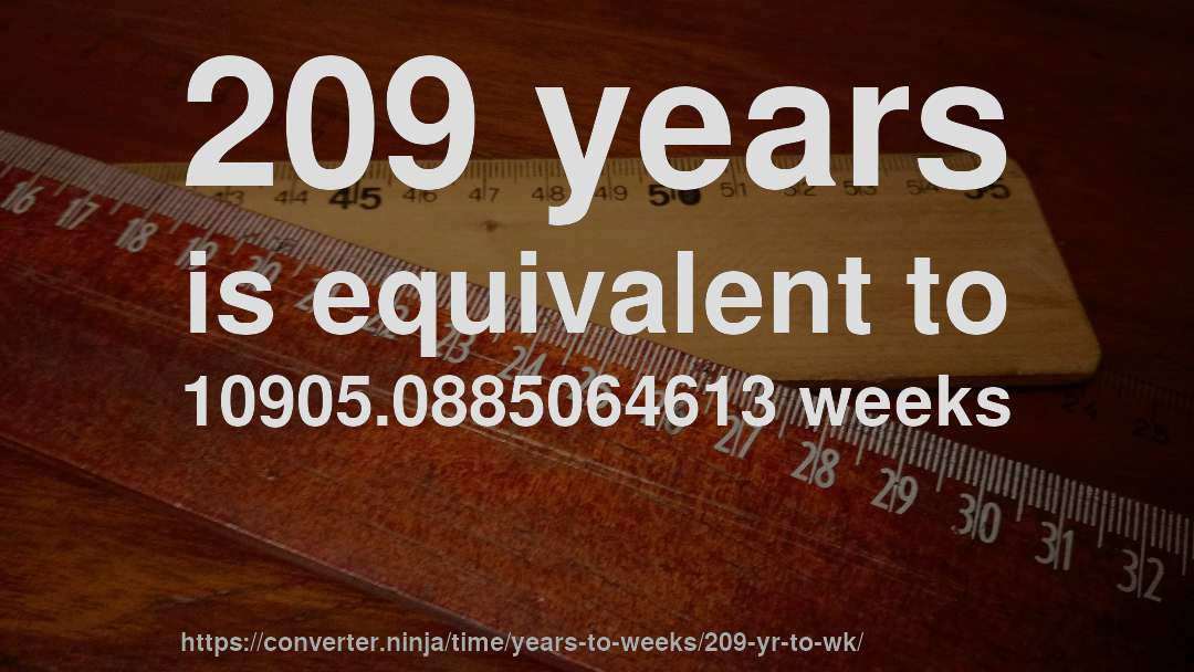 209 years is equivalent to 10905.0885064613 weeks