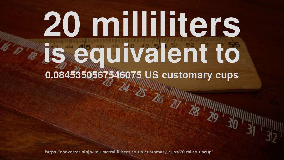 20 milliliters is equivalent to 0.0845350567546075 US customary cups