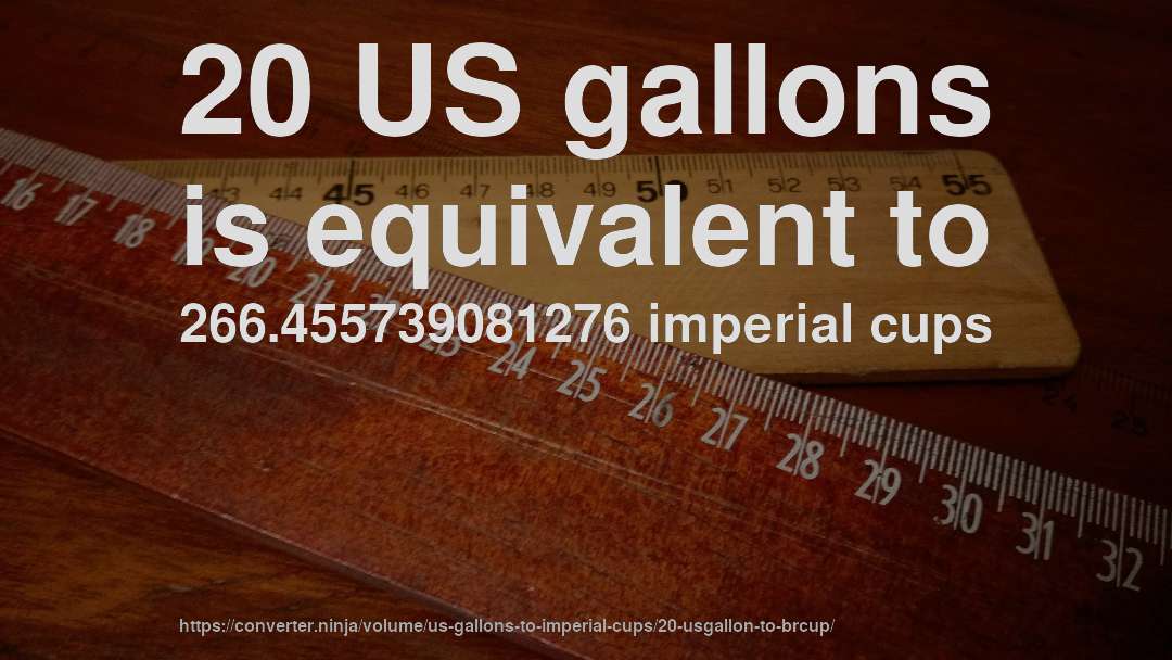 20 US gallons is equivalent to 266.455739081276 imperial cups