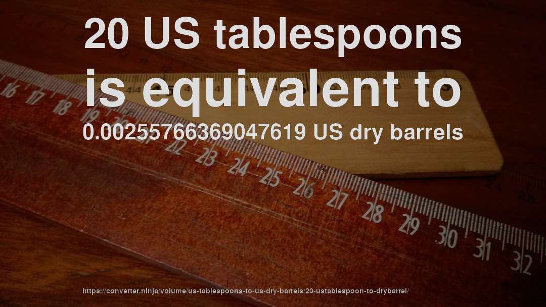 20 US tablespoons is equivalent to 0.00255766369047619 US dry barrels