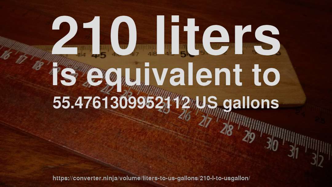210 liters is equivalent to 55.4761309952112 US gallons