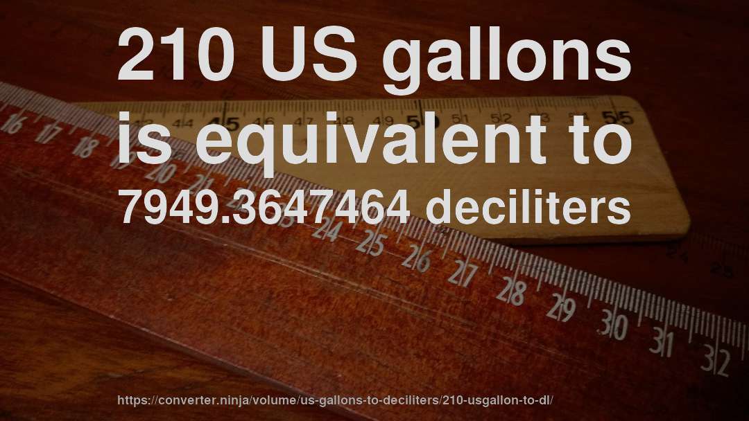 210 US gallons is equivalent to 7949.3647464 deciliters