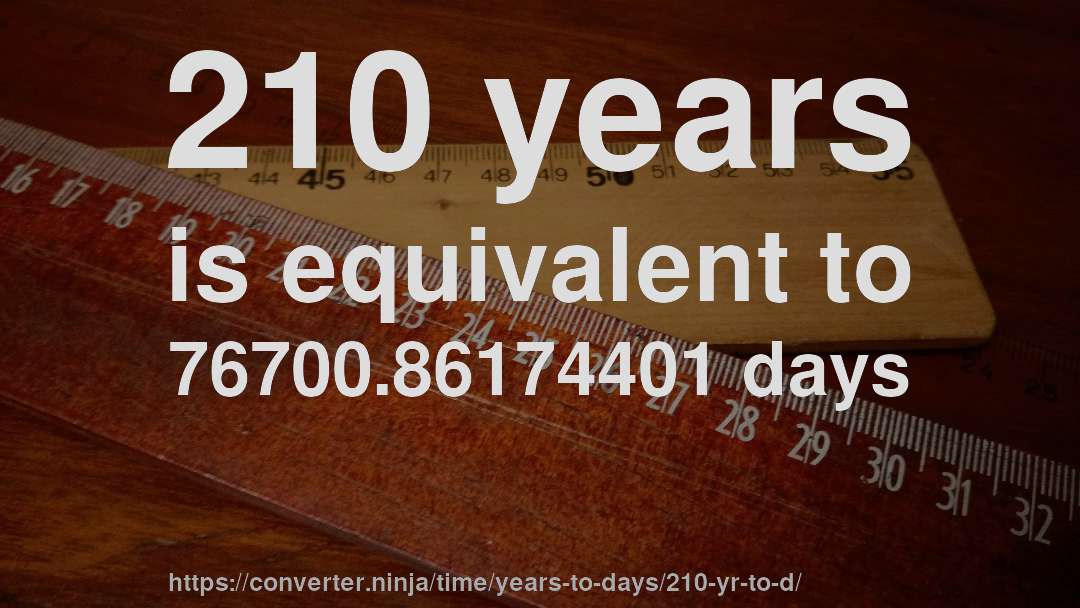210 years is equivalent to 76700.86174401 days