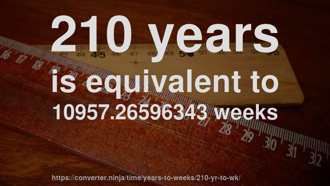 210 years is equivalent to 10957.26596343 weeks