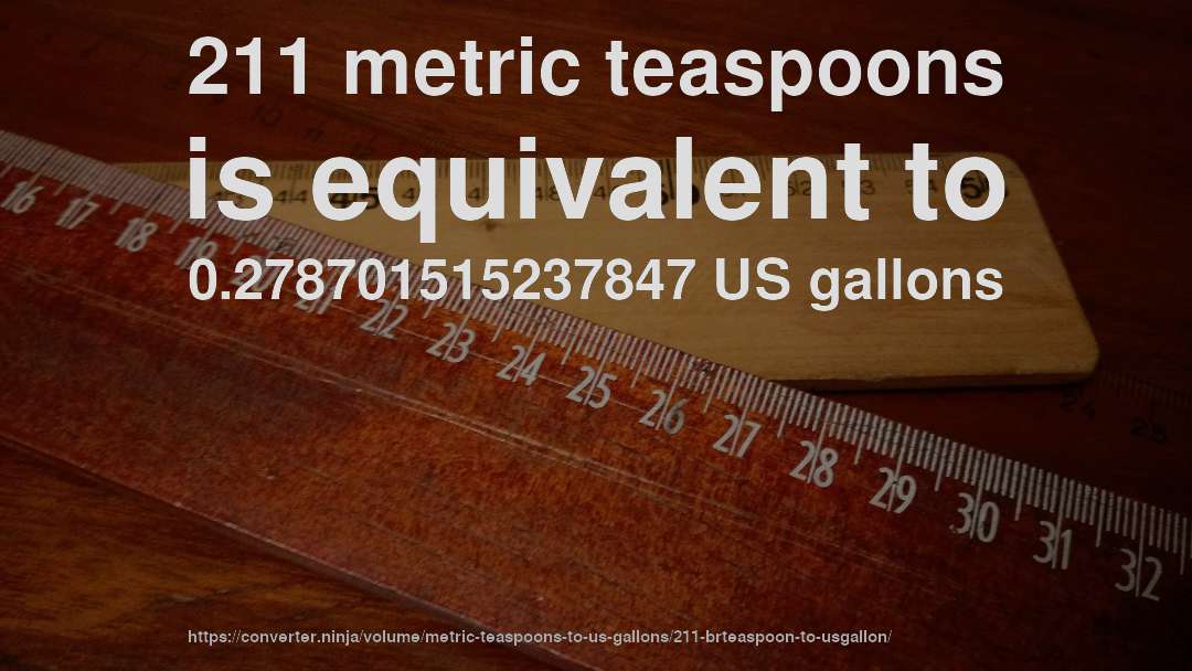 211 metric teaspoons is equivalent to 0.278701515237847 US gallons