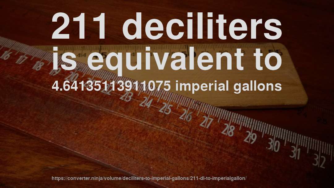 211 deciliters is equivalent to 4.64135113911075 imperial gallons