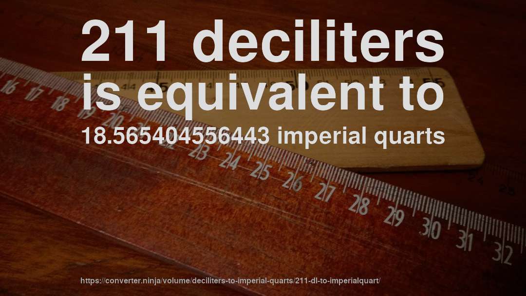 211 deciliters is equivalent to 18.565404556443 imperial quarts