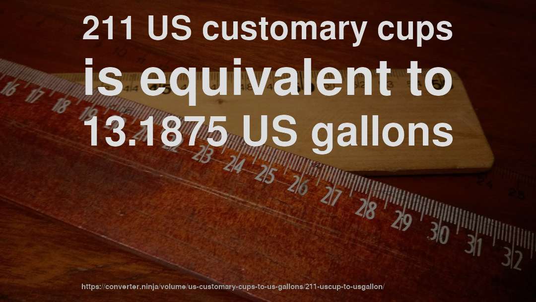 211 US customary cups is equivalent to 13.1875 US gallons