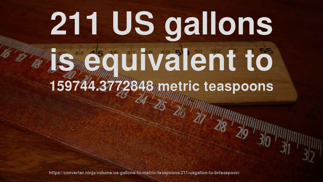 211 US gallons is equivalent to 159744.3772848 metric teaspoons