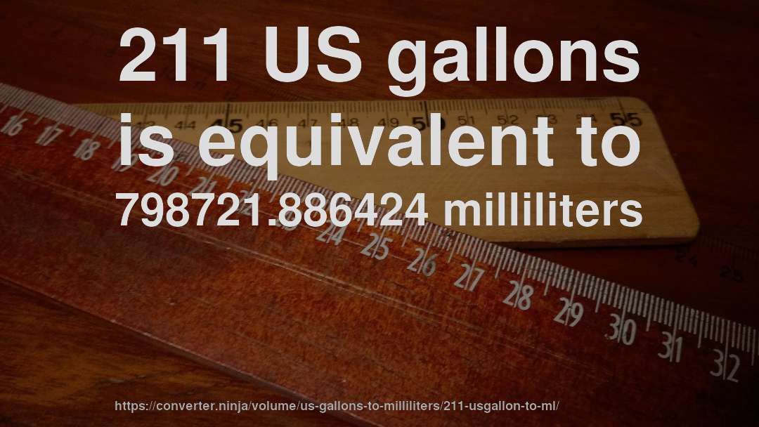 211 US gallons is equivalent to 798721.886424 milliliters