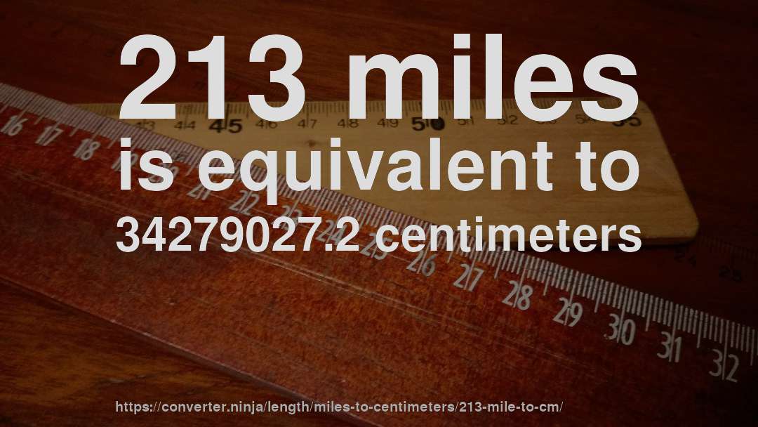 213 miles is equivalent to 34279027.2 centimeters