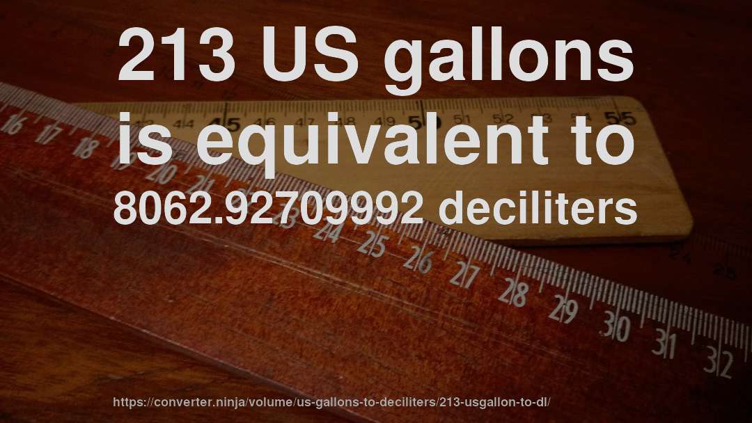 213 US gallons is equivalent to 8062.92709992 deciliters