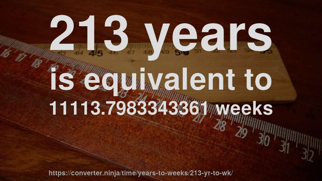 213 years is equivalent to 11113.7983343361 weeks