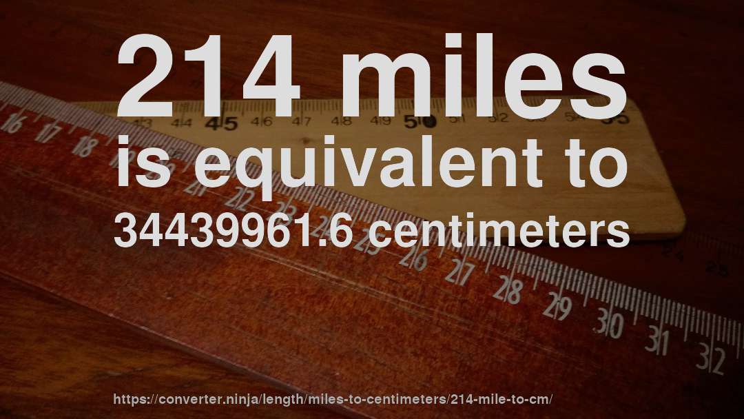214 miles is equivalent to 34439961.6 centimeters
