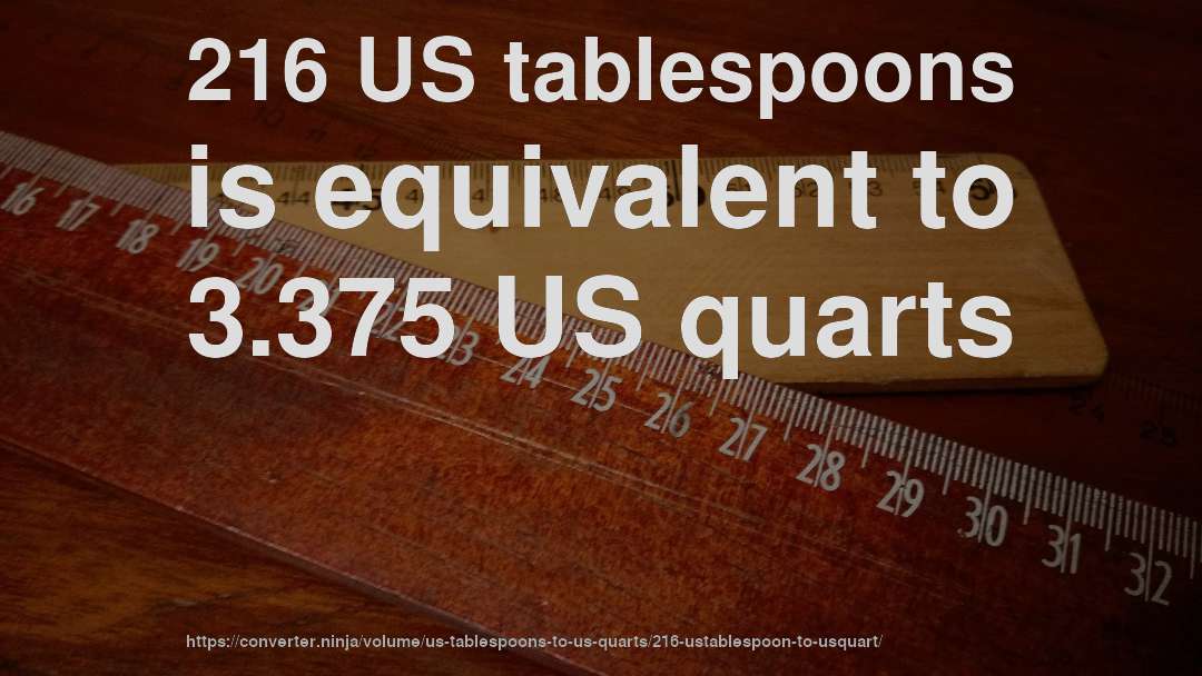 216 US tablespoons is equivalent to 3.375 US quarts