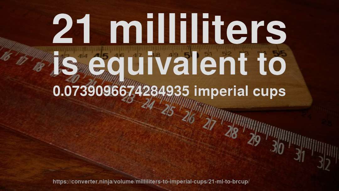 21 milliliters is equivalent to 0.0739096674284935 imperial cups