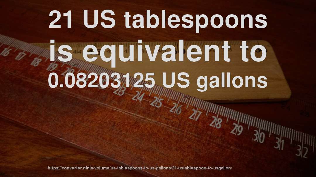 21 US tablespoons is equivalent to 0.08203125 US gallons