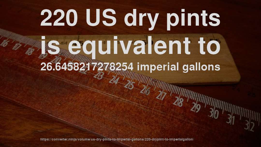 220 US dry pints is equivalent to 26.6458217278254 imperial gallons