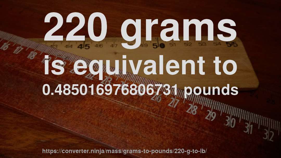 220 grams is equivalent to 0.485016976806731 pounds