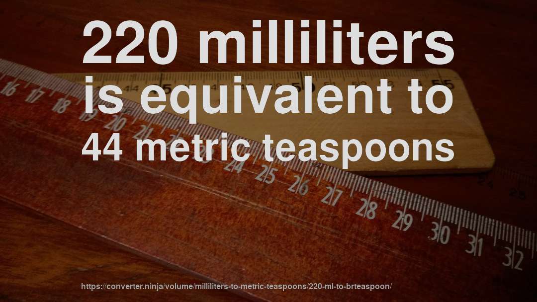 220 milliliters is equivalent to 44 metric teaspoons