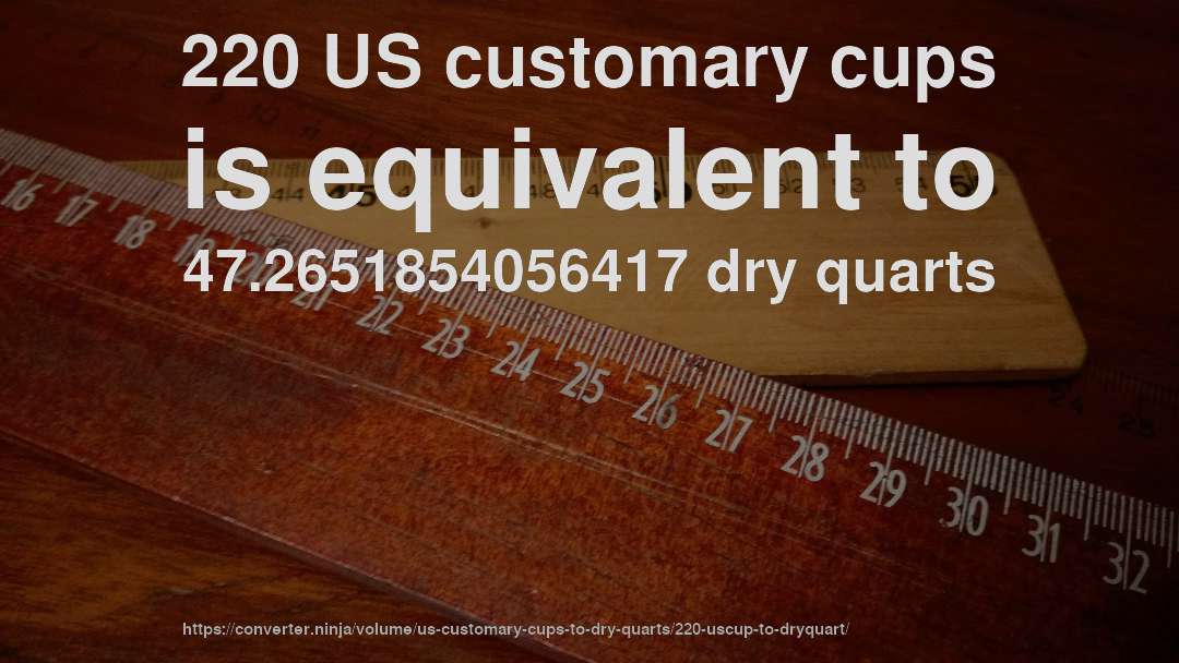 220 US customary cups is equivalent to 47.2651854056417 dry quarts