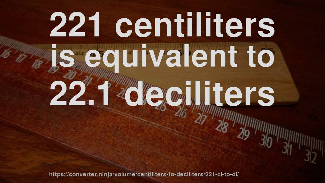 221 centiliters is equivalent to 22.1 deciliters