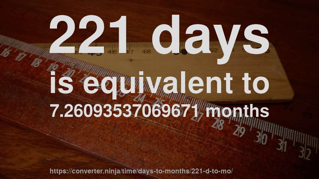 221 days is equivalent to 7.26093537069671 months