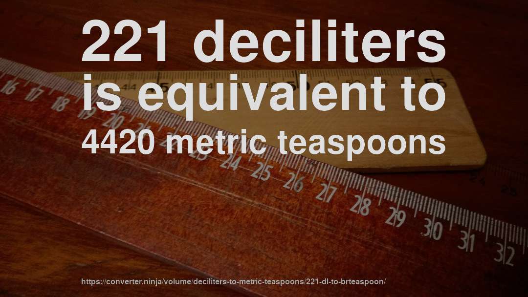 221 deciliters is equivalent to 4420 metric teaspoons