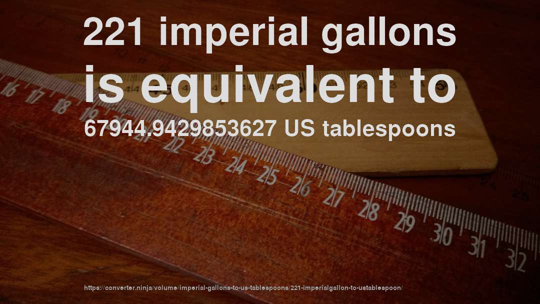221 imperial gallons is equivalent to 67944.9429853627 US tablespoons