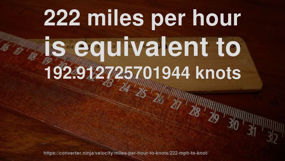 222 miles per hour is equivalent to 192.912725701944 knots