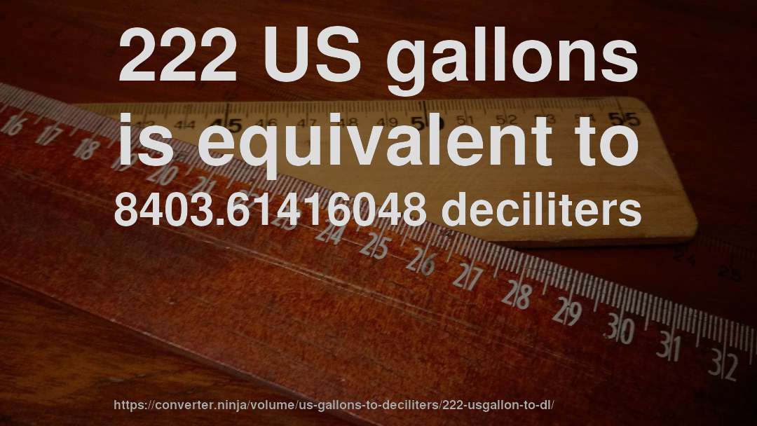 222 US gallons is equivalent to 8403.61416048 deciliters