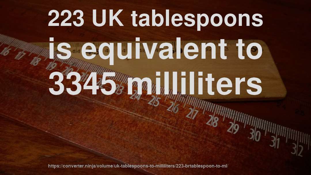 223 UK tablespoons is equivalent to 3345 milliliters