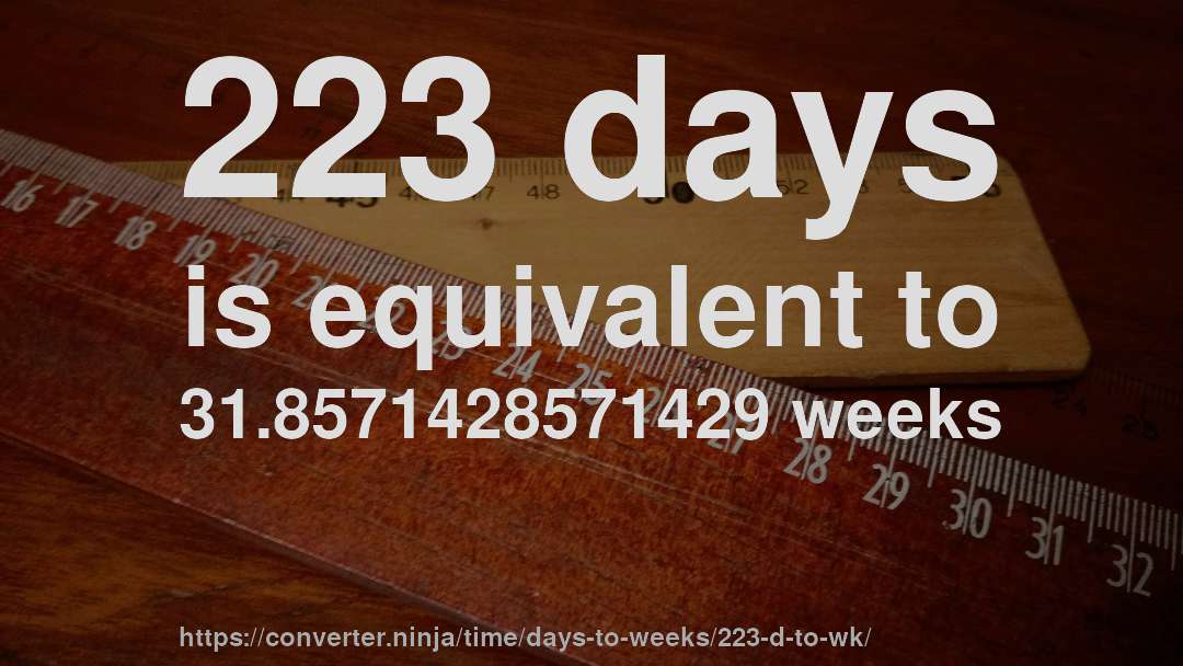 223 days is equivalent to 31.8571428571429 weeks