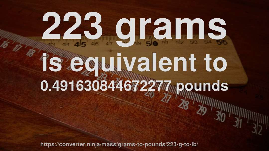 223 grams is equivalent to 0.491630844672277 pounds