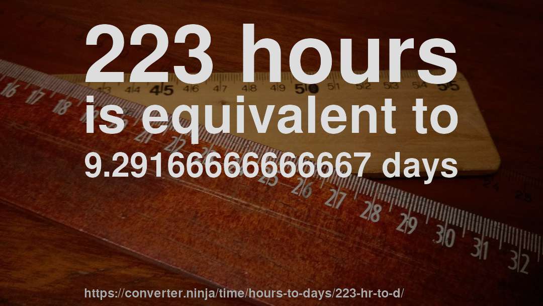 223 hours is equivalent to 9.29166666666667 days