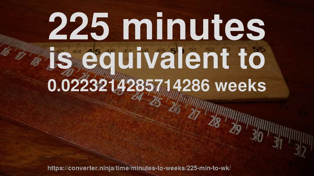 225 minutes is equivalent to 0.0223214285714286 weeks