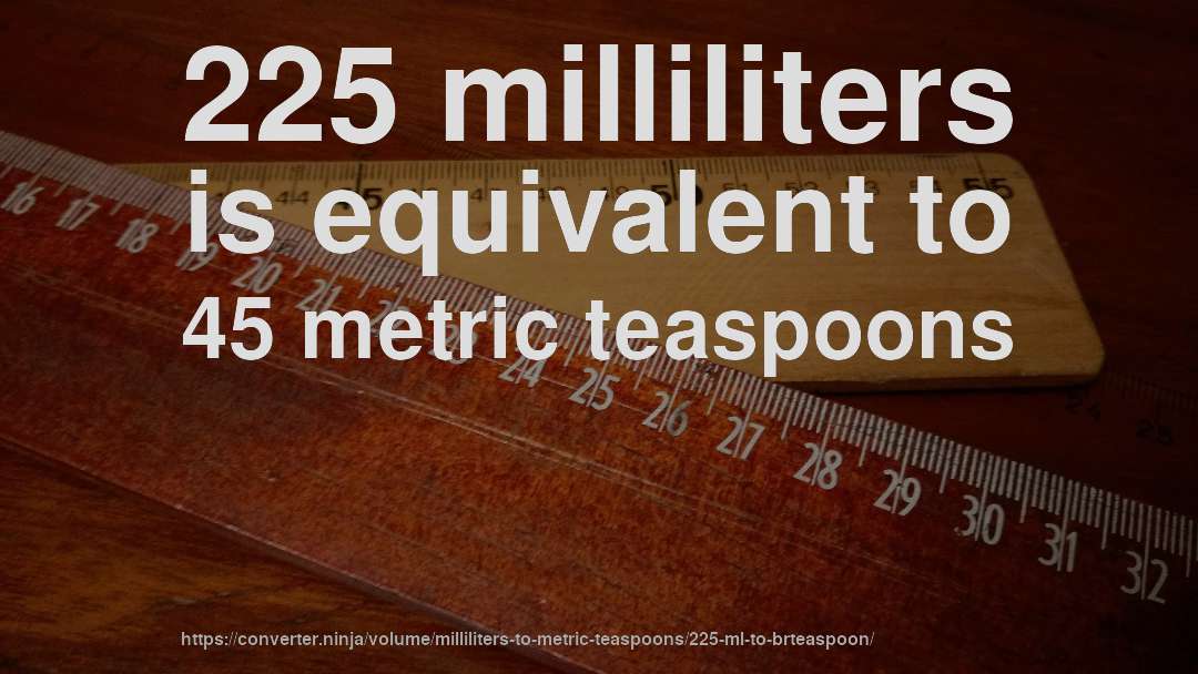 225 milliliters is equivalent to 45 metric teaspoons