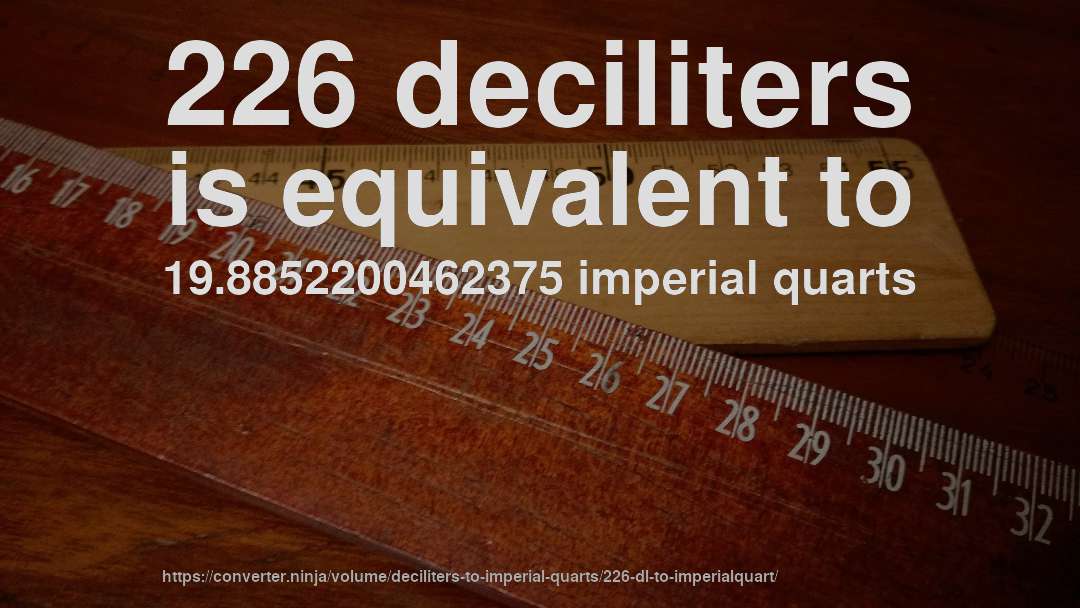 226 deciliters is equivalent to 19.8852200462375 imperial quarts