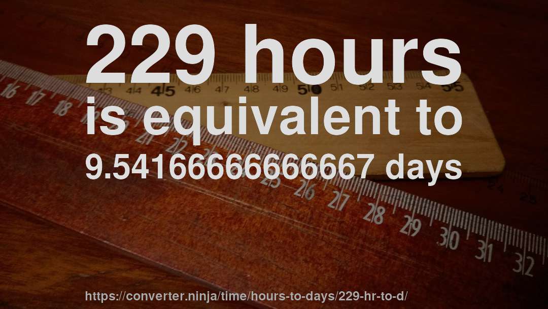 229 hours is equivalent to 9.54166666666667 days