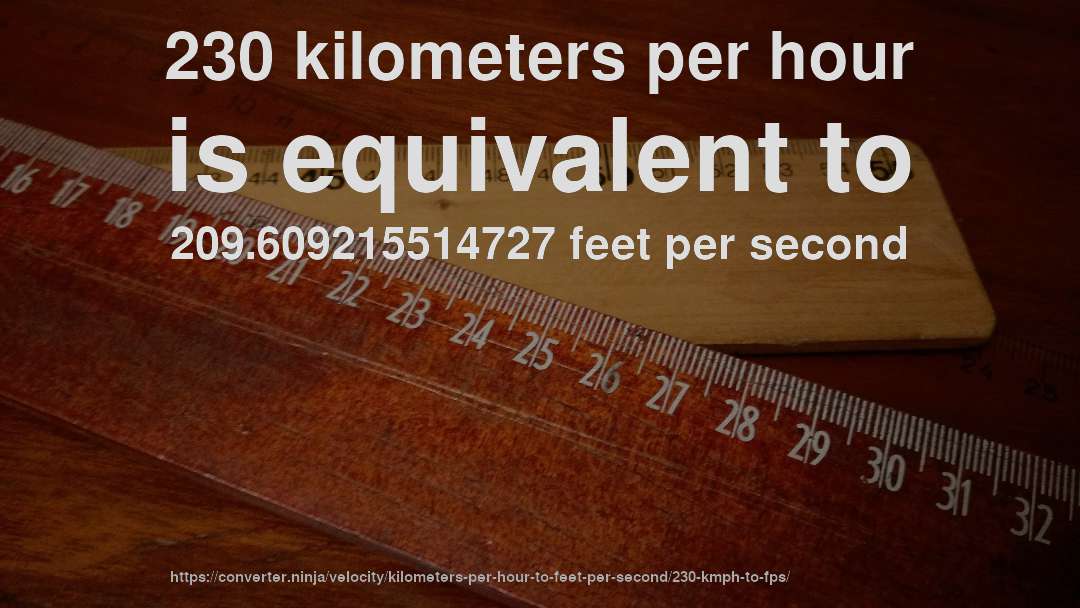 230 kilometers per hour is equivalent to 209.609215514727 feet per second