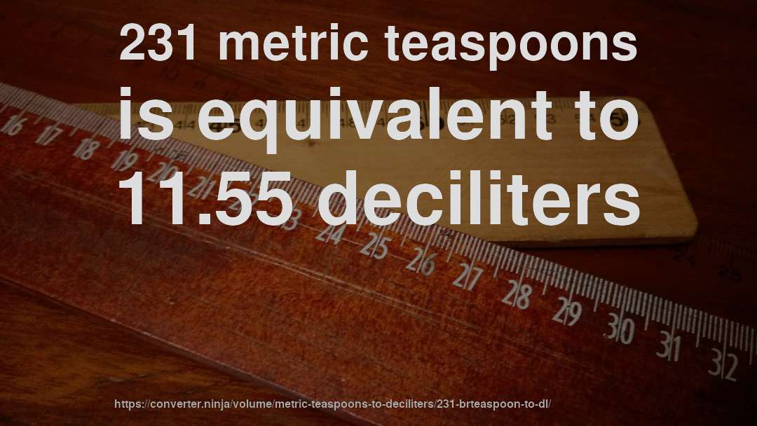 231 metric teaspoons is equivalent to 11.55 deciliters
