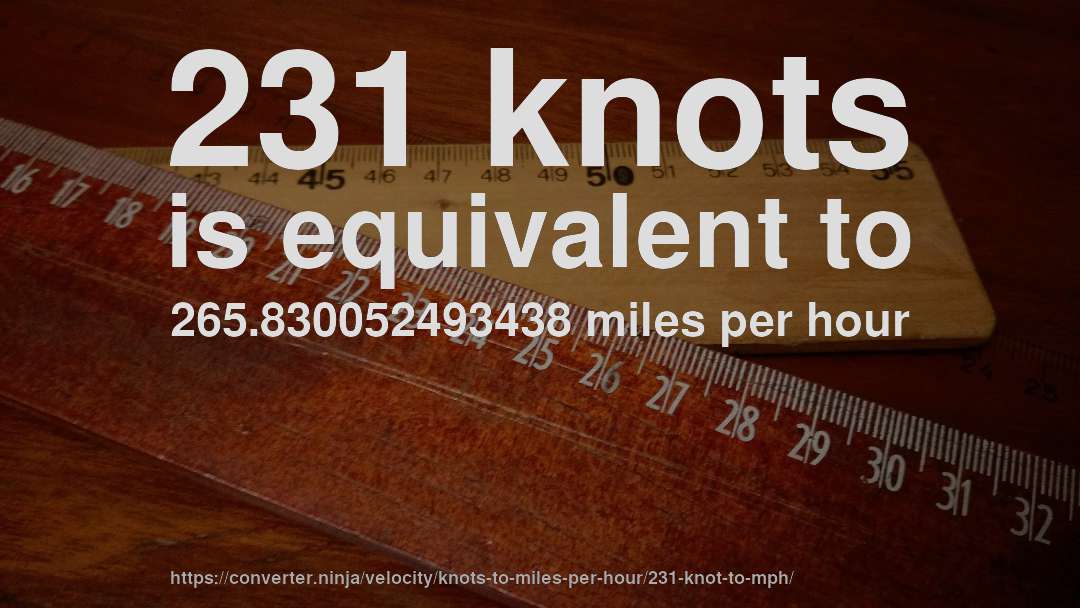 231 knots is equivalent to 265.830052493438 miles per hour