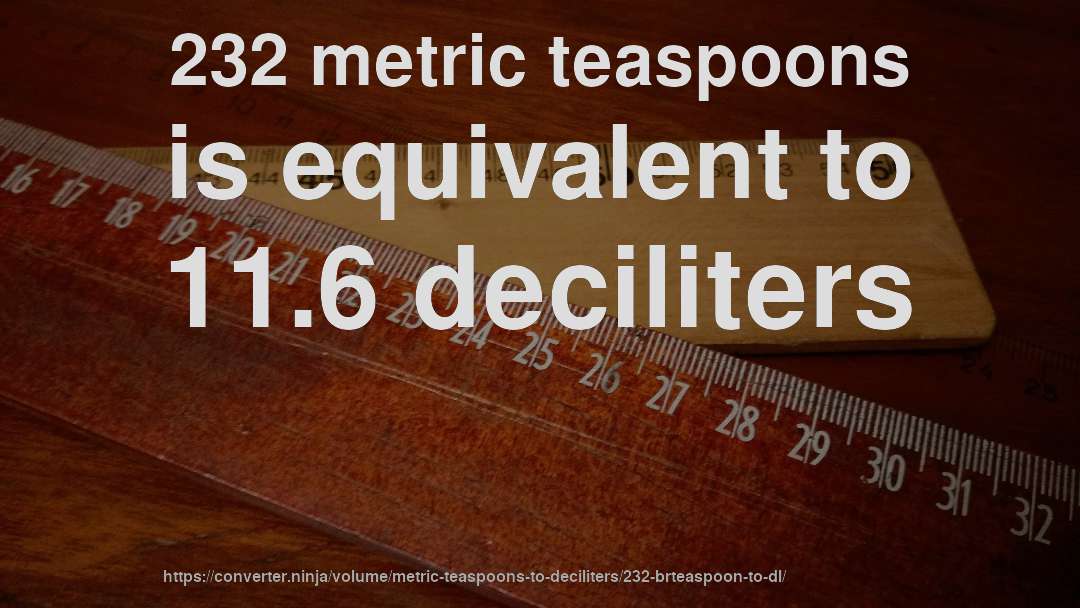 232 metric teaspoons is equivalent to 11.6 deciliters