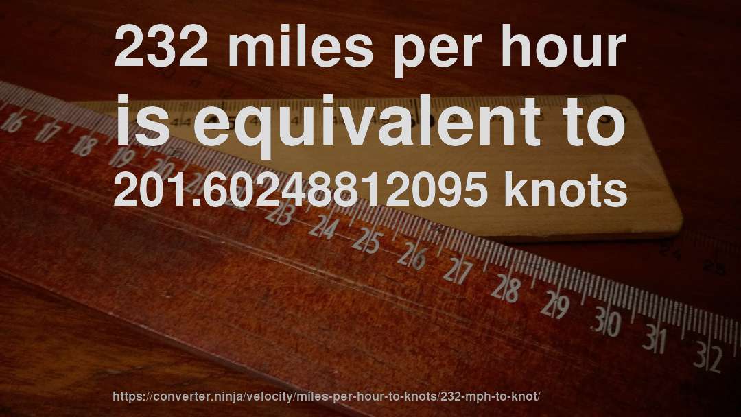 232 miles per hour is equivalent to 201.60248812095 knots