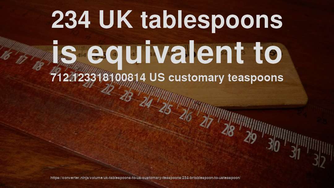 234 UK tablespoons is equivalent to 712.123318100814 US customary teaspoons
