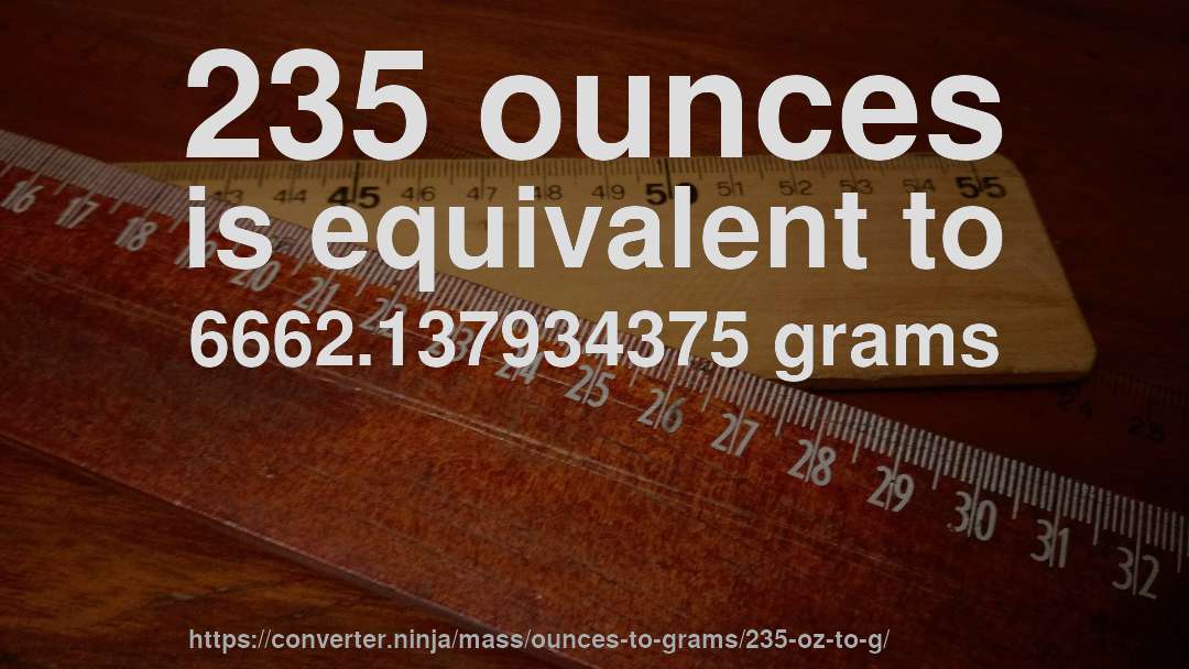 235 ounces is equivalent to 6662.137934375 grams