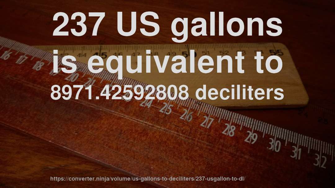 237 US gallons is equivalent to 8971.42592808 deciliters