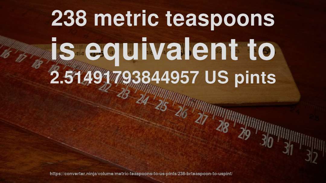 238 metric teaspoons is equivalent to 2.51491793844957 US pints