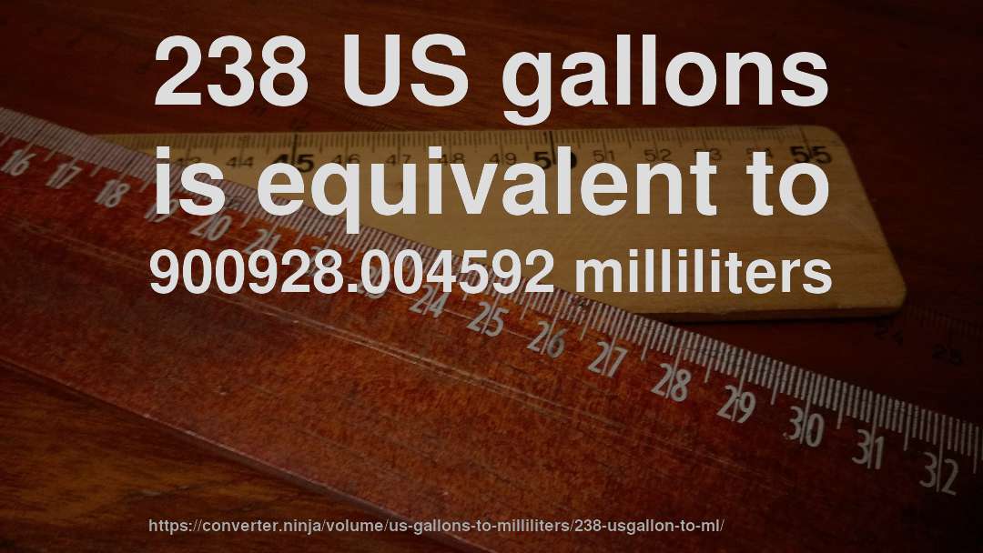 238 US gallons is equivalent to 900928.004592 milliliters